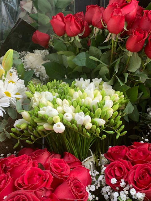 An arrangement of fresh flowers featuring vibrant red roses with tightly curled petals, surrounded by clusters of white and pale pink buds on long green stems, complemented by white daisy-like blooms 